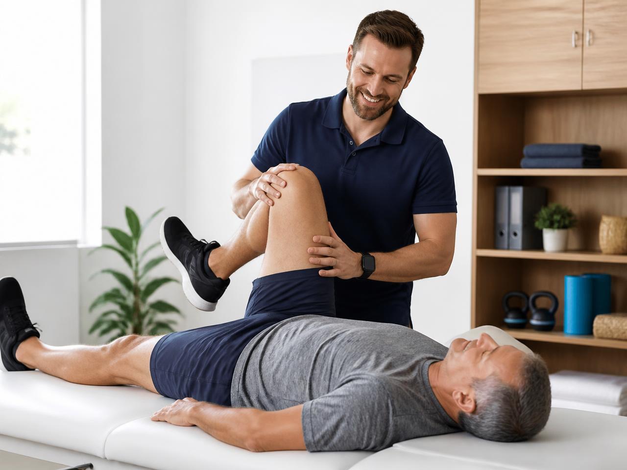Fisioterapeuta guiando un ejercicio de movilidad de rodilla en camilla