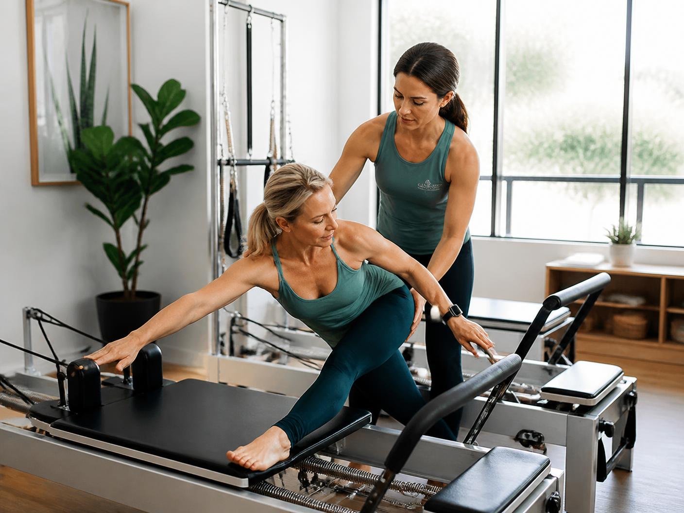 Instructora guiando a una mujer en una sesión de Pilates Reformer en un estudio luminoso