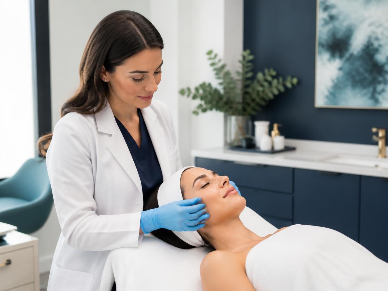 Médica realizando una valoración estética facial a una paciente en una consulta luminosa
