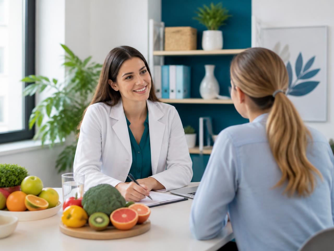 Nutricionista conversando con una paciente junto a fruta y verdura fresca en la consulta