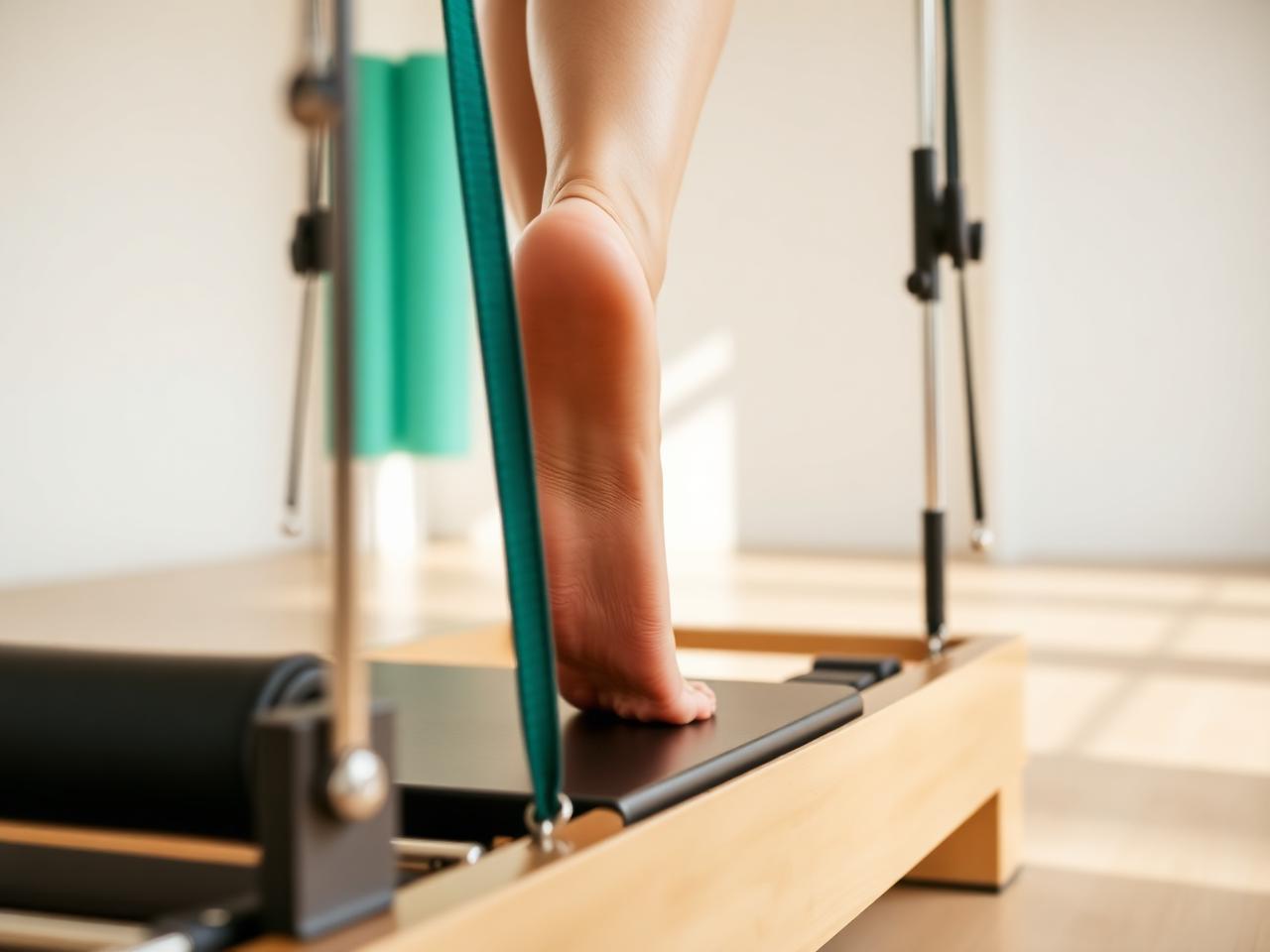 Detalle de un ejercicio de pies sobre una máquina de Pilates Reformer