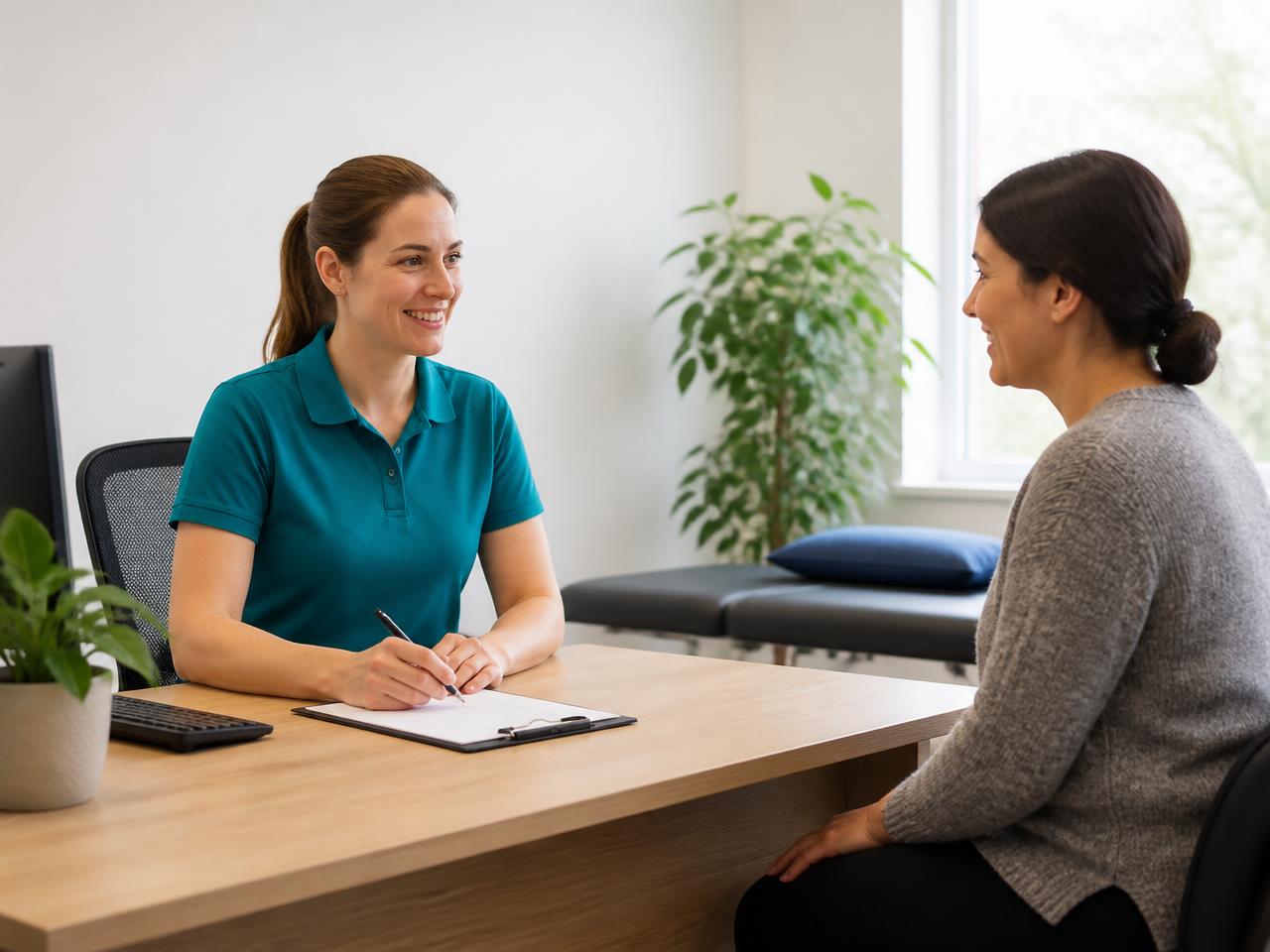 Fisioterapeuta conversando con una paciente en una consulta privada y luminosa